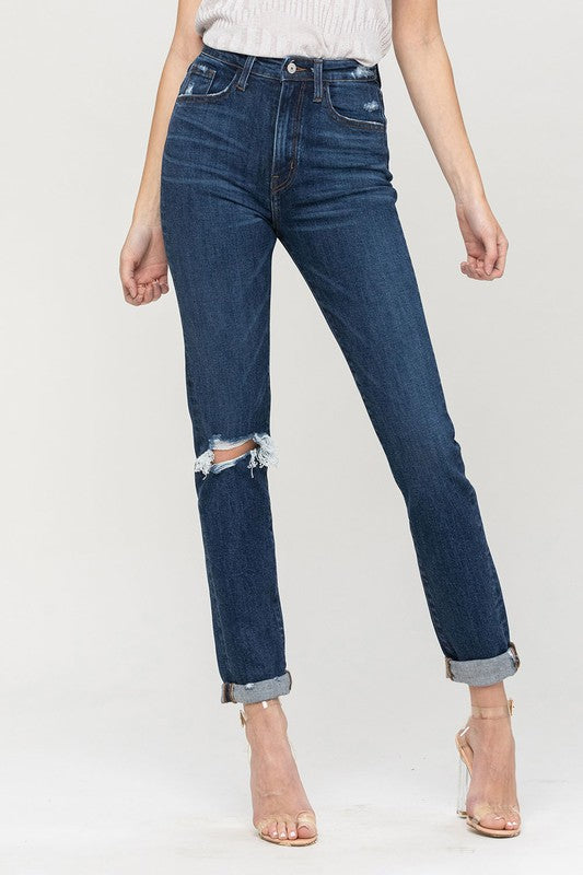 Distressed Roll Up Stretch Mom Jeans - Christi's Boutique