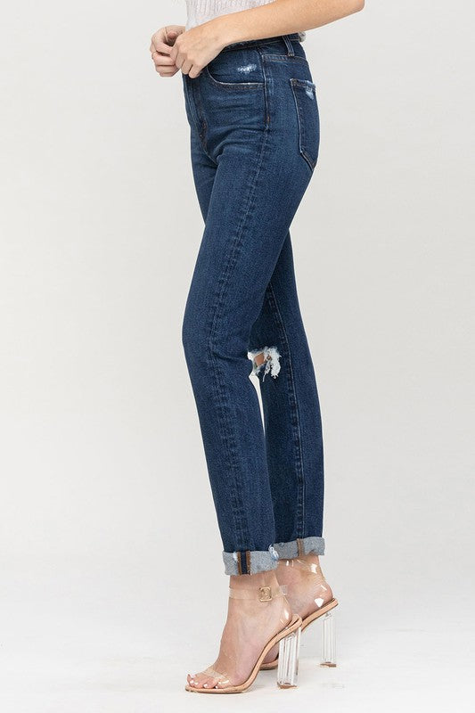 Distressed Roll Up Stretch Mom Jeans - Christi's Boutique