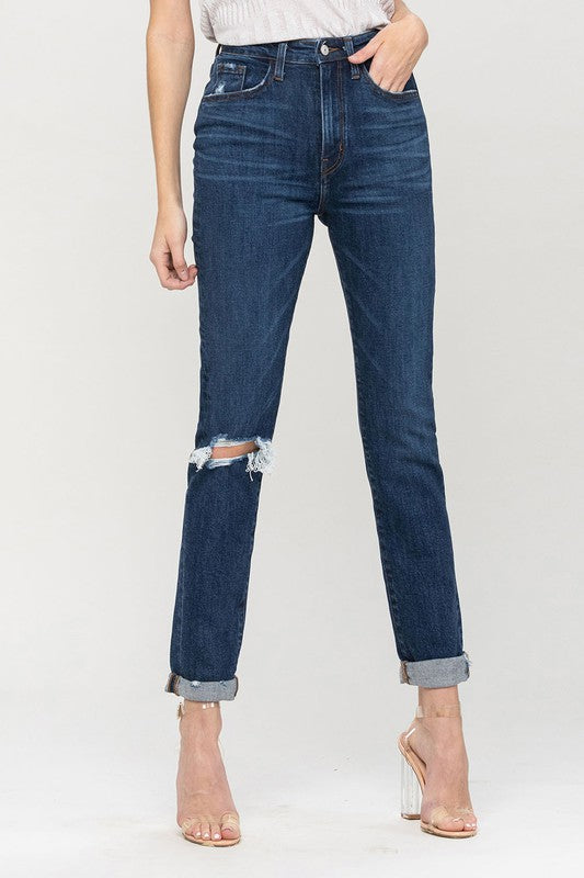 Distressed Roll Up Stretch Mom Jeans - Christi's Boutique