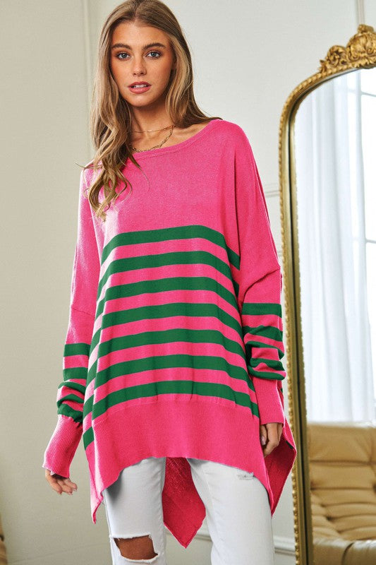 Multi Striped Elbow Patch Loose Fit Sweater Top - Christi's Boutique