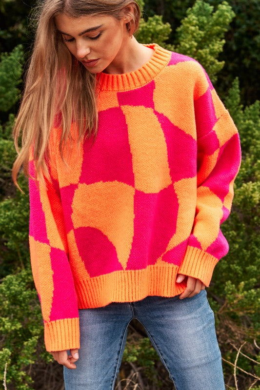 Multi Geo Checker Pullover Knit Sweater Top - Christi's Boutique