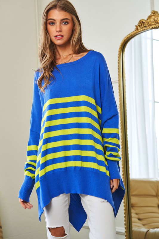 Multi Striped Elbow Patch Loose Fit Sweater Top - Christi's Boutique