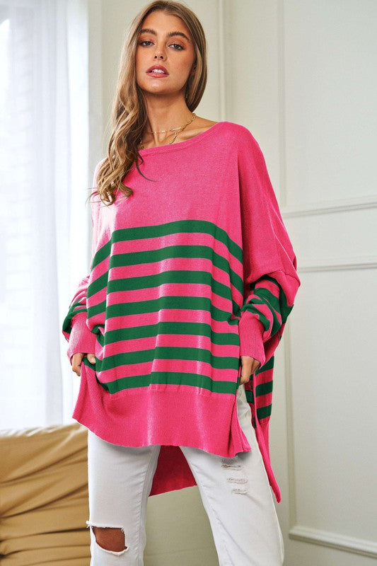 Multi Striped Elbow Patch Loose Fit Sweater Top - Christi's Boutique