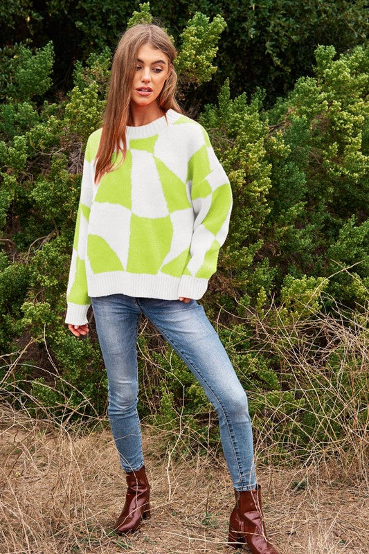 Multi Geo Checker Pullover Knit Sweater Top - Christi's Boutique