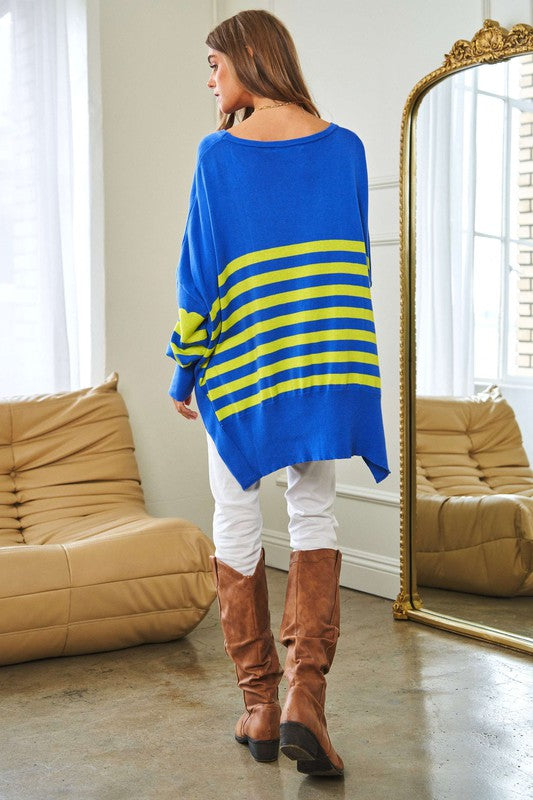 Multi Striped Elbow Patch Loose Fit Sweater Top - Christi's Boutique