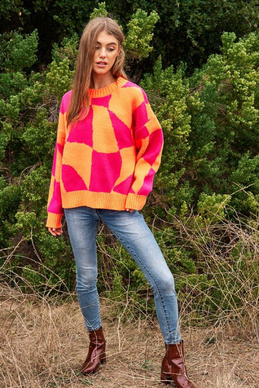 Multi Geo Checker Pullover Knit Sweater Top - Christi's Boutique