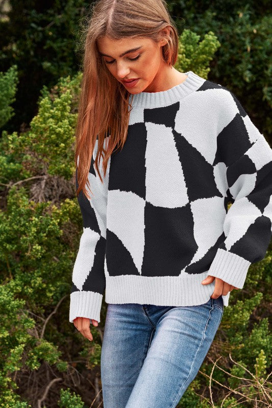 Multi Geo Checker Pullover Knit Sweater Top - Christi's Boutique
