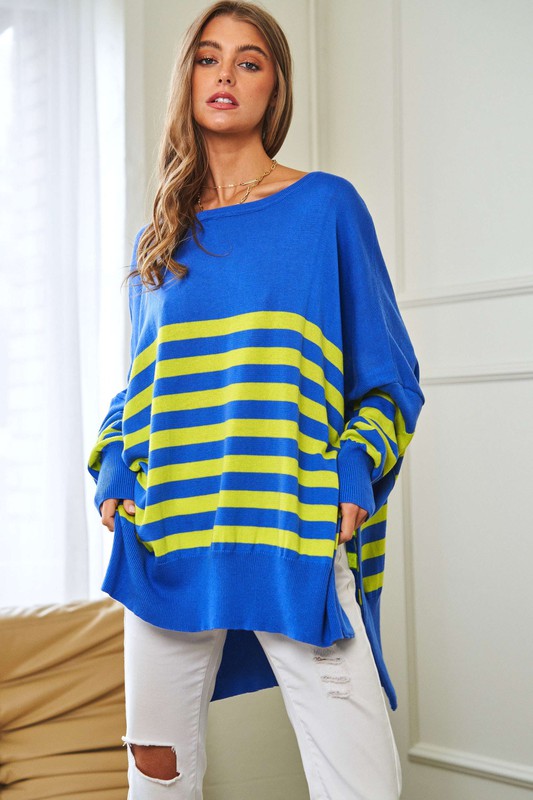 Multi Striped Elbow Patch Loose Fit Sweater Top - Christi's Boutique