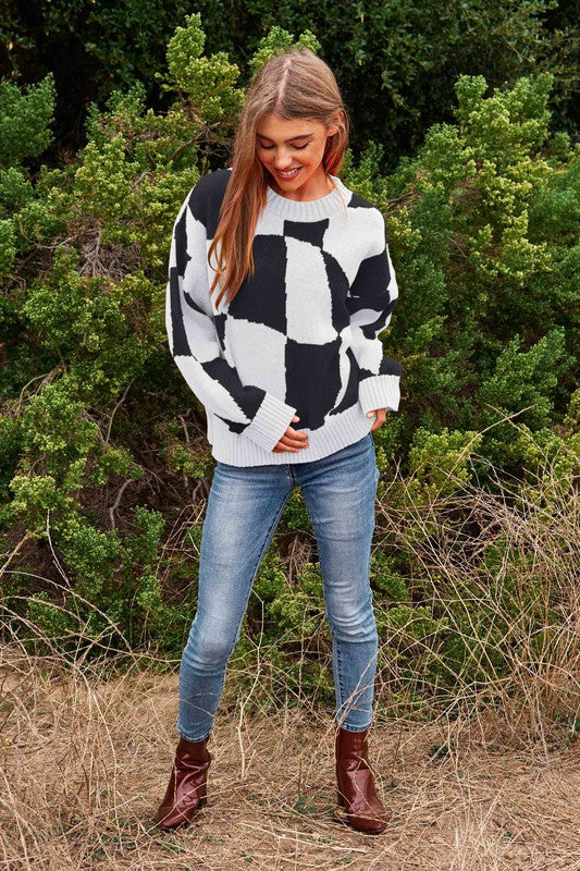 Multi Geo Checker Pullover Knit Sweater Top - Christi's Boutique