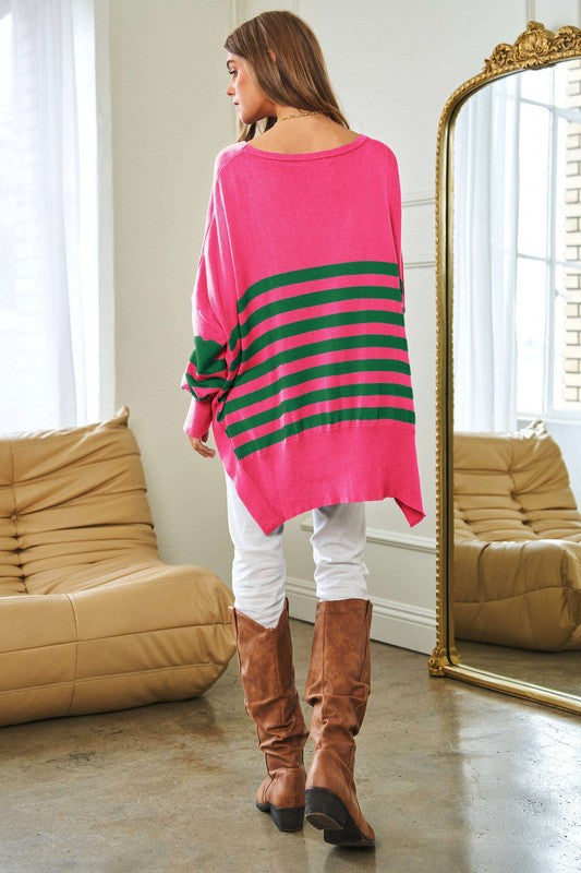 Multi Striped Elbow Patch Loose Fit Sweater Top - Christi's Boutique