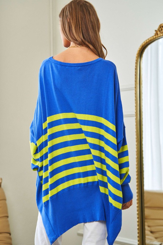 Multi Striped Elbow Patch Loose Fit Sweater Top - Christi's Boutique