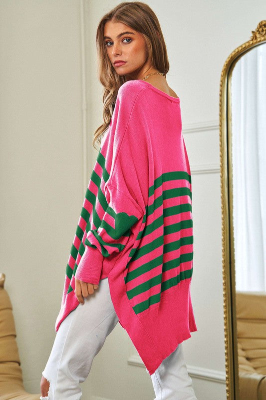 Multi Striped Elbow Patch Loose Fit Sweater Top - Christi's Boutique