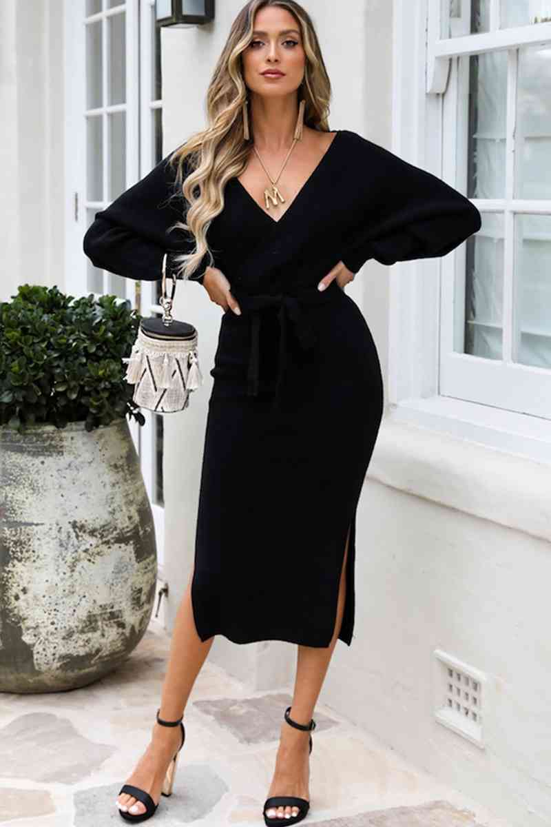 Surplice Neck Bow Waist Slit Sweater Dress - Christi's Boutique