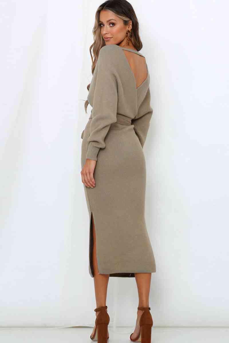 Surplice Neck Bow Waist Slit Sweater Dress - Christi's Boutique