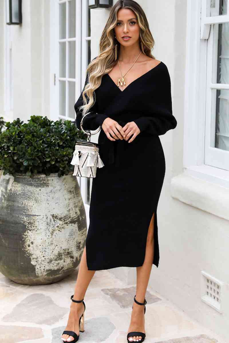 Surplice Neck Bow Waist Slit Sweater Dress - Christi's Boutique