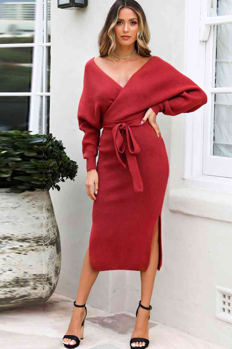 Surplice Neck Bow Waist Slit Sweater Dress - Christi's Boutique