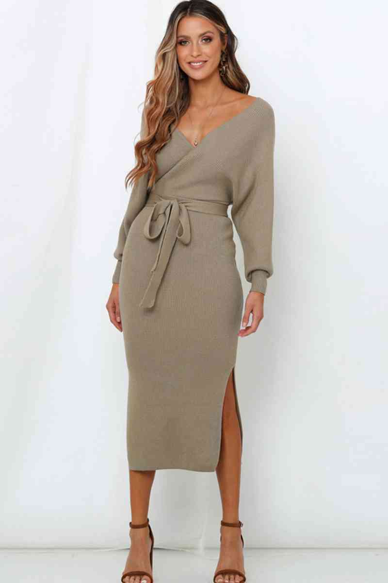 Surplice Neck Bow Waist Slit Sweater Dress - Christi's Boutique