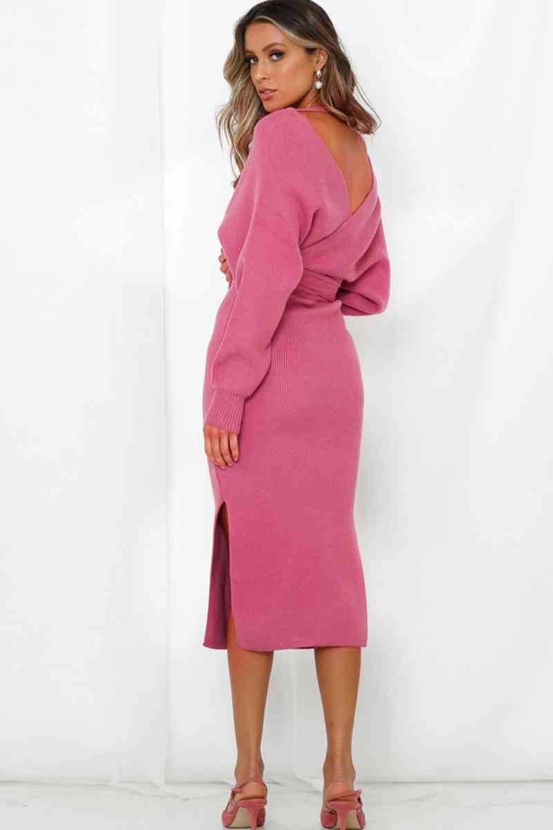 Surplice Neck Bow Waist Slit Sweater Dress - Christi's Boutique