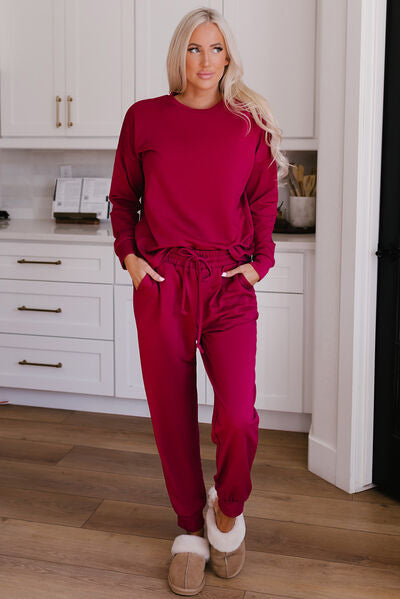 Round Neck Top and Drawstring Pants Lounge Set - Christi's Boutique