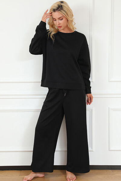 Double Take Full Size Textured Long Sleeve Top and Drawstring Pants Set - Christi's Boutique