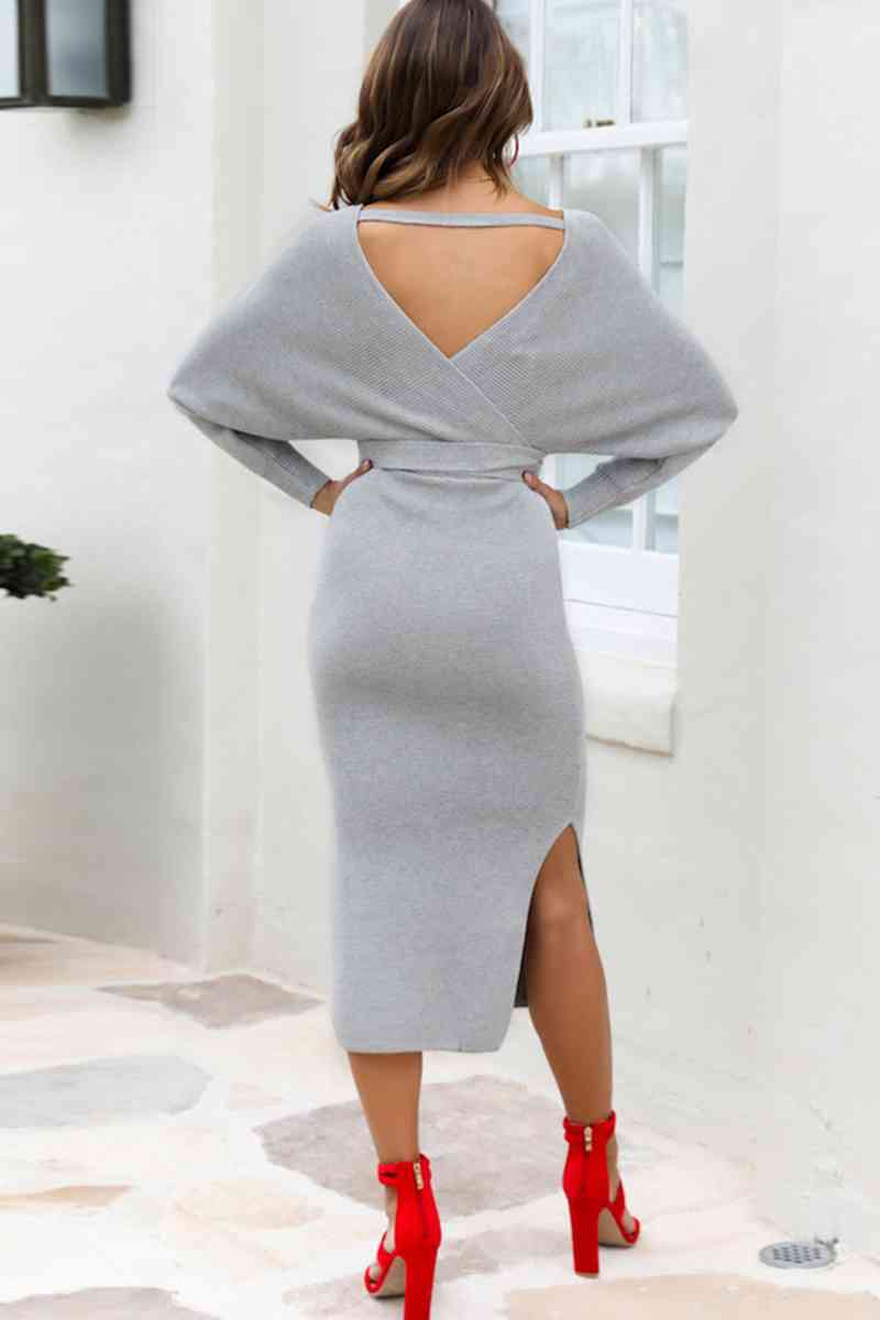 Surplice Neck Bow Waist Slit Sweater Dress - Christi's Boutique