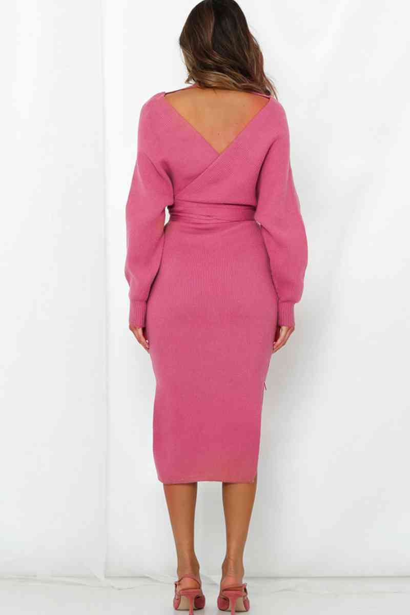 Surplice Neck Bow Waist Slit Sweater Dress - Christi's Boutique