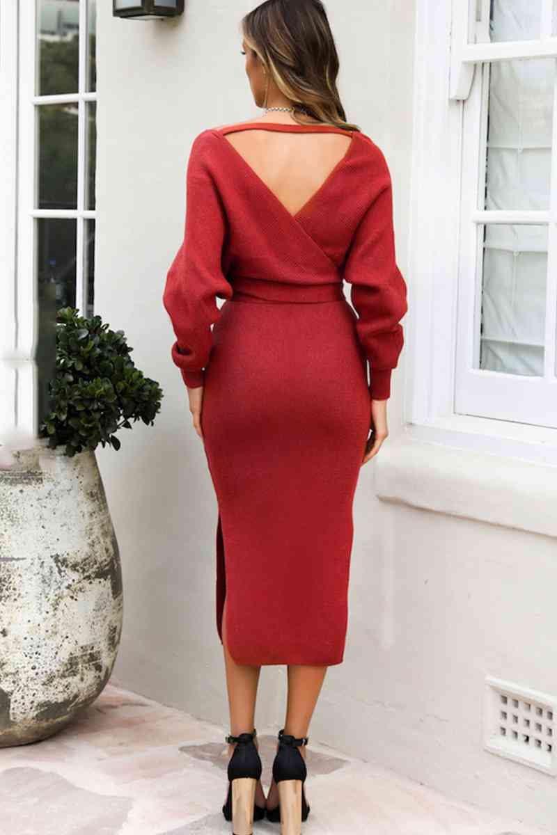 Surplice Neck Bow Waist Slit Sweater Dress - Christi's Boutique