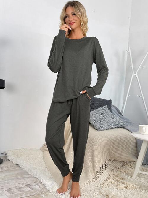 Round Neck Top and Drawstring Pants Lounge Set - Christi's Boutique