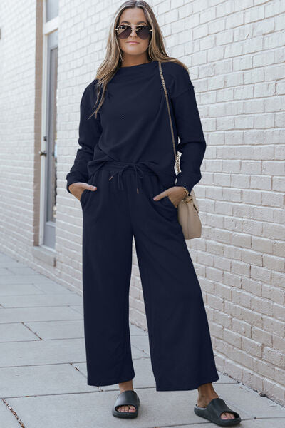 Double Take Full Size Textured Long Sleeve Top and Drawstring Pants Set - Christi's Boutique