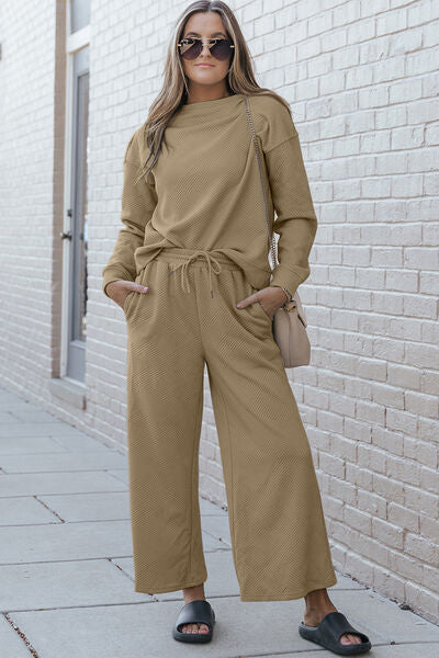 Double Take Full Size Textured Long Sleeve Top and Drawstring Pants Set - Christi's Boutique