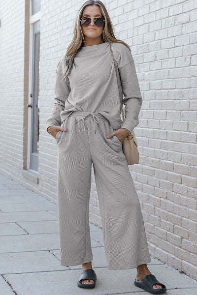 Double Take Full Size Textured Long Sleeve Top and Drawstring Pants Set - Christi's Boutique