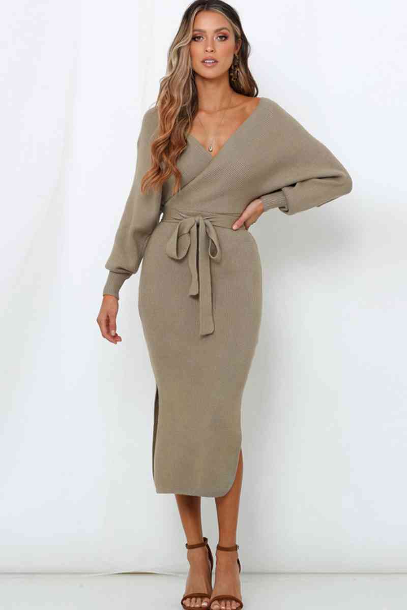 Surplice Neck Bow Waist Slit Sweater Dress - Christi's Boutique