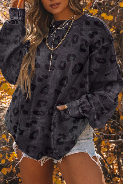 Leopard Round Neck Dropped Shoulder Sweatshirt - Christi's Boutique