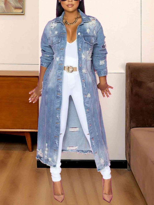 Long Sleeve Raw Hem Denim Jacket - Christi's Boutique